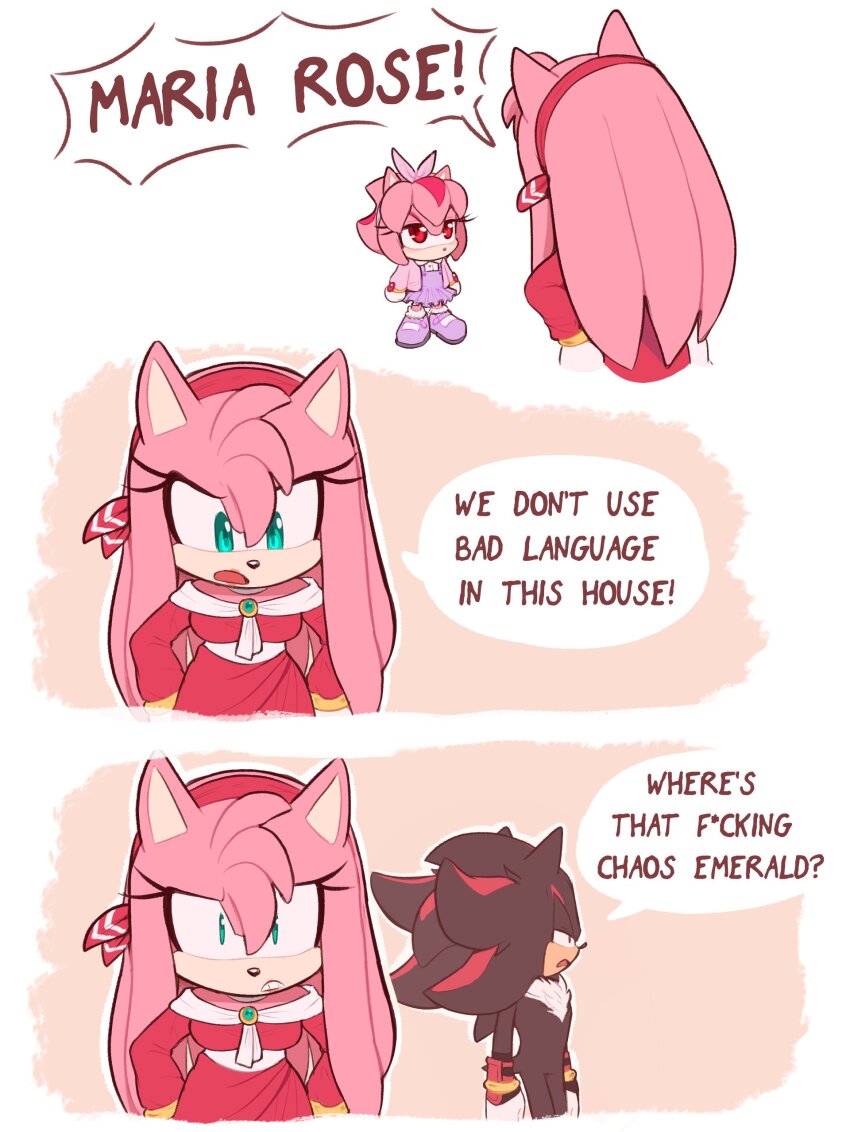 1boy 2girls aged_down amy_rose aqua_eyes black_fur bracelet dress english_text father_and_daughter furry furry_female furry_male gloves heart highres if_they_mated jewelry maria_rose_(toonsite) mother_and_daughter multiple_girls open_mouth original pink_fur red_eyes red_fur shadow_the_hedgehog sonic_(series) speech_bubble toonsite two-tone_fur white_gloves