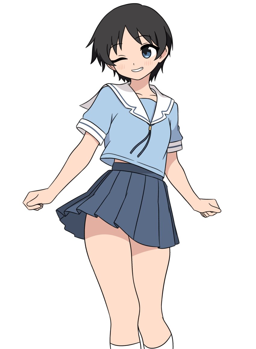 1girl 64vii absurdres azumanga_daioh&#039;s_school_uniform azumanga_daiou black_hair blue_ribbon blue_shirt blue_skirt blush breasts chihiro_(azumanga_daioh) clenched_hands grin highres one_eye_closed pleated_skirt ribbon sailor_collar school_uniform shadow shirt skirt smile socks thighs white_background white_sailor_collar white_socks