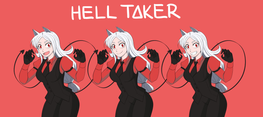 absurdres animal_ears black_gloves black_suit business_suit cerberus_(helltaker) commentary copyright_name demon_girl demon_tail dog_ears dog_girl formal_clothes gloves helltaker highres iamzio long_hair low-tied_long_hair red_eyes red_shirt shirt short_sleeves silver skirt skirt_suit suit tail triplets undershirt vest waistcoat white_hair
