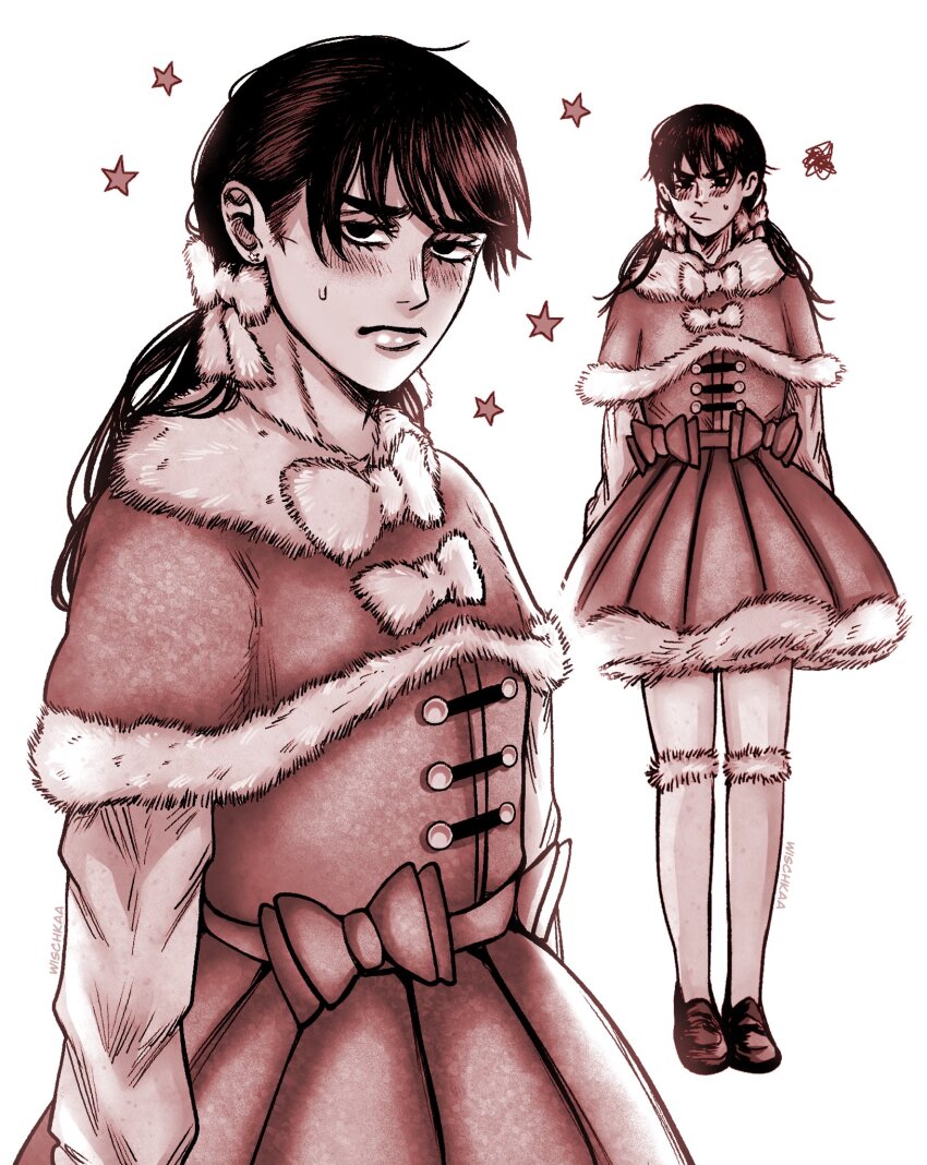 1girl bow capelet chainsaw_man dress full_body fur-trimmed_capelet fur-trimmed_dress fur-trimmed_socks fur_trim highres kneehighs looking_at_viewer low_twintails mitaka_asa monochrome multiple_views santa_costume santa_dress socks squiggle star_(symbol) sweatdrop twintails wischkaa