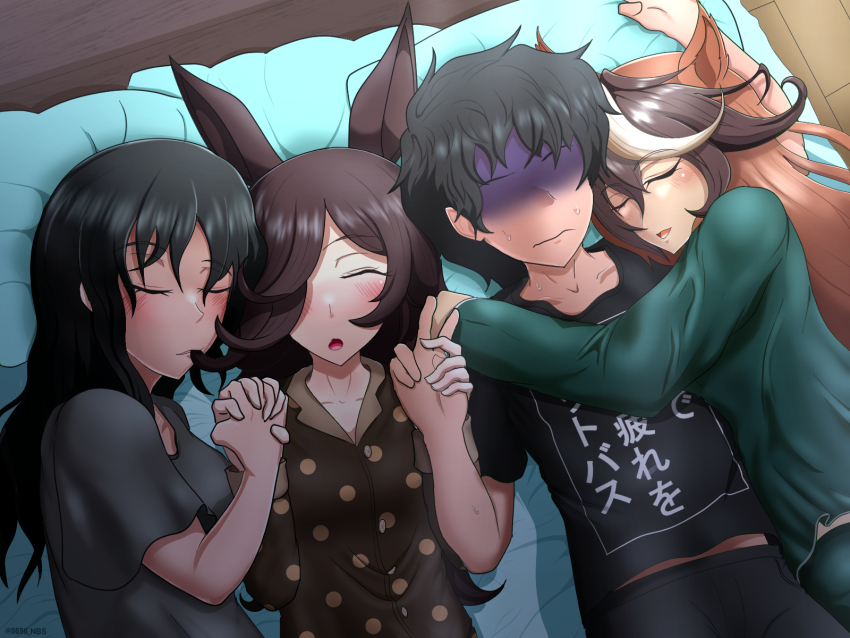 1boy 3girls animal_ears black_shirt brown_hair brown_shirt closed_eyes faceless faceless_male female_trainer_(umamusume) green_shirt grey_shirt hair_over_one_eye highres holding_hands horse_ears horse_girl hug lying midriff_peek multiple_girls on_back pajamas rice_shower_(umamusume) shirt short_hair sleeping spots symboli_rudolf_(umamusume) trainer_(umamusume) umamusume