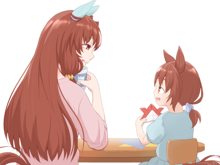 2girls animal_ears bow brown_hair buttons commentary hair_between_eyes hair_bow highres horse_ears horse_girl horse_tail long_hair mitsuno mother_and_child mother_and_daughter multicolored_hair multiple_girls open_mouth pointing ponytail red_eyes side_ponytail simple_background sitting smile still_in_love_(umamusume) streaked_hair tail teeth umamusume white_background white_hair