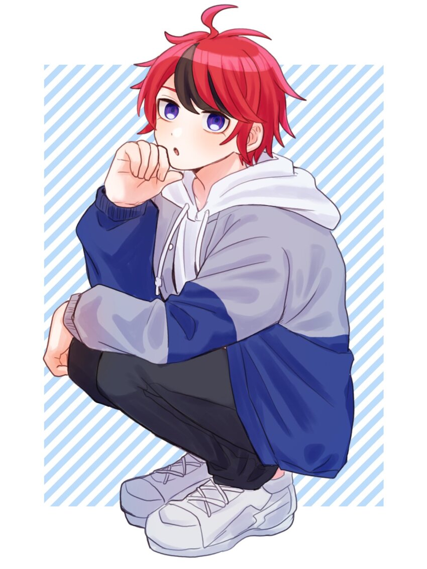 1boy ahoge black_hair blue_eyes border crouching full_body highres hood hoodie long_sleeves male_focus multicolored_eyes multicolored_hair open_mouth red_eyes red_hair simple_background solo_focus sumino_takumi the_hundred_line_-last_defense_academy- white_background white_border