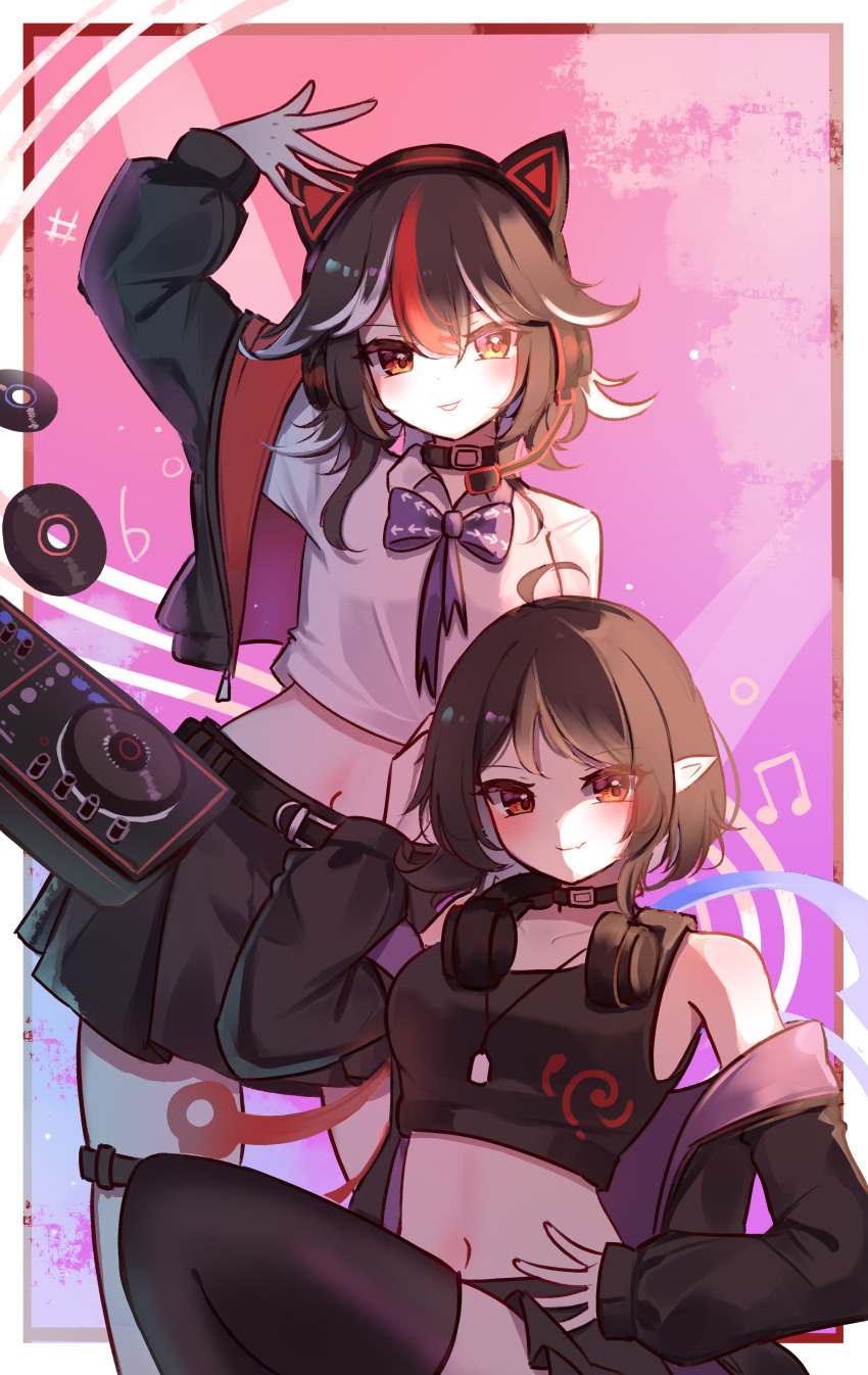 2girls absurdres alternate_costume bare_shoulders belt black_collar black_hair black_skirt black_thighhighs blush bow collar highres houjuu_nue jacket kijin_seija looking_at_viewer midriff multicolored_hair multiple_girls phonograph pointy_ears red_eyes red_hair shen_bi_ren_(user_rjgy2824) shirt short_hair skirt streaked_hair thighhighs touhou turntable white_hair white_shirt yellow_eyes