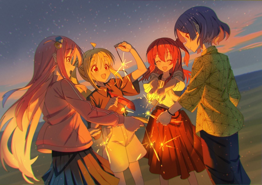 4girls absurdres ahoge black_shirt black_skirt blonde_hair blue_eyes blue_hair bocchi_the_rock! closed_eyes closed_mouth collared_shirt commentary cube_hair_ornament english_commentary fireworks gotoh_hitori hair_between_eyes hair_ornament highres holding holding_fireworks ijichi_nijika jacket jdge kita_ikuyo long_hair long_sleeves mole mole_under_eye multiple_girls necktie one_side_up open_mouth orange_theme outdoors pink_hair pink_jacket pleated_skirt red_eyes red_hair red_necktie red_skirt senkou_hanabi shirt short_hair short_sleeves skirt smile sparkler track_jacket white_shirt white_skirt yamada_ryo yellow_eyes yellow_shirt