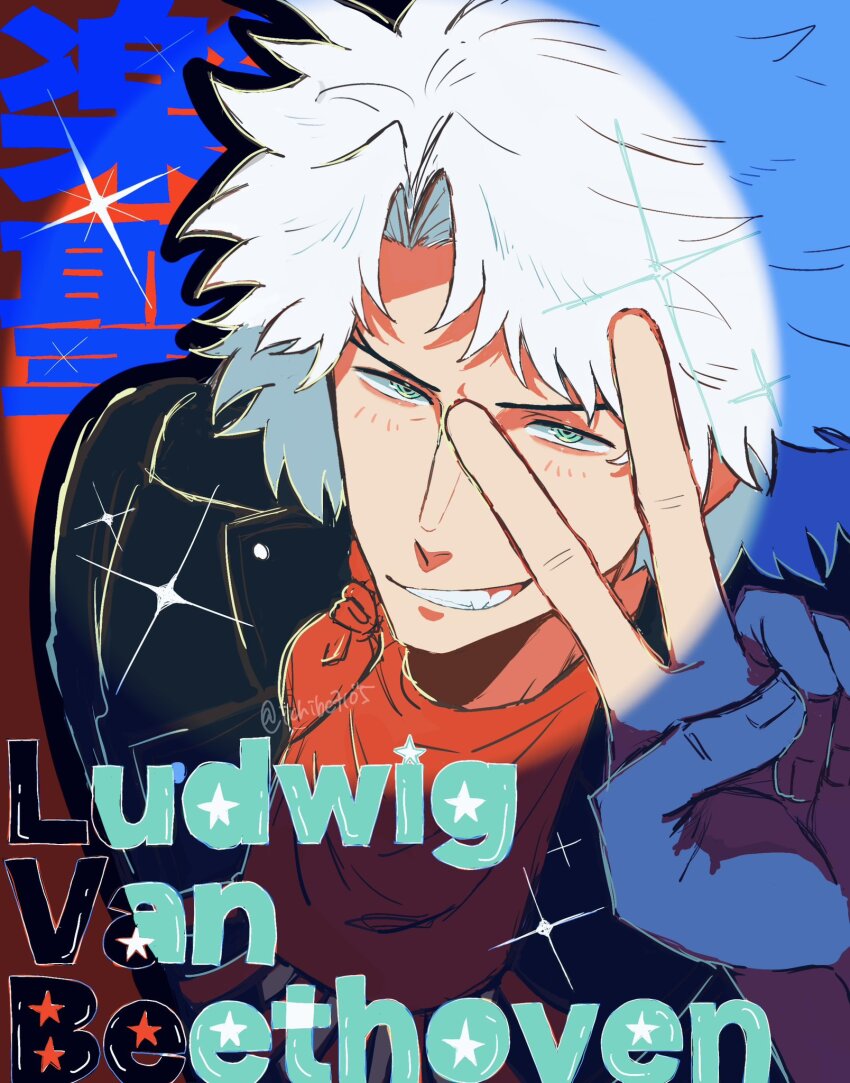 1boy bandana black_jacket character_name classicaloid commentary_request fang green_eyes grin highres ichinobe jacket looking_at_viewer ludwig_van_beethoven_(classicaloid) male_focus red_bandana ringed_eyes short_hair smile solo sparkle translation_request upper_body v white_hair
