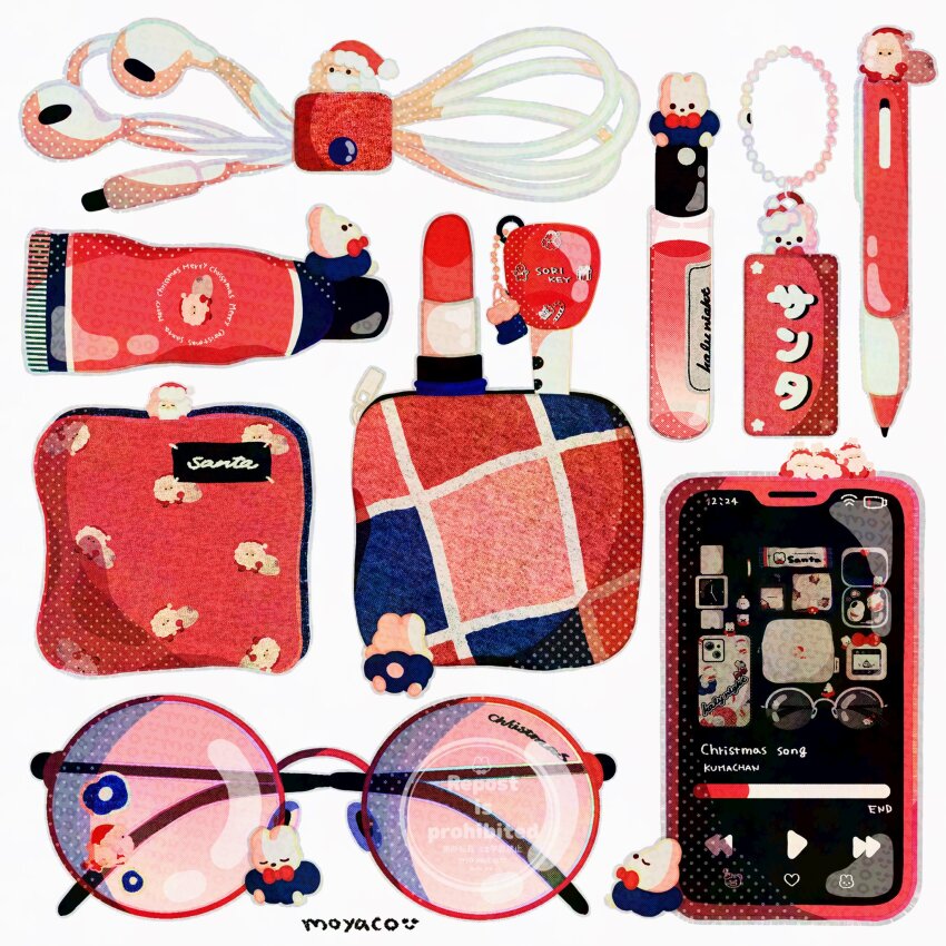 artist_name bottle cellphone cellphone_charm charm_(object) christmas commentary cosmetics creature earbuds earphones english_text hat headphones highres key lipstick_tube moyaco no_humans original pen perfume_(cosmetics) perfume_bottle phone pouch red_theme santa_hat signature simple_background smartphone solid_circle_eyes solid_eyes squeeze_tube sunglasses symbol-only_commentary translation_request watch white_background wristwatch
