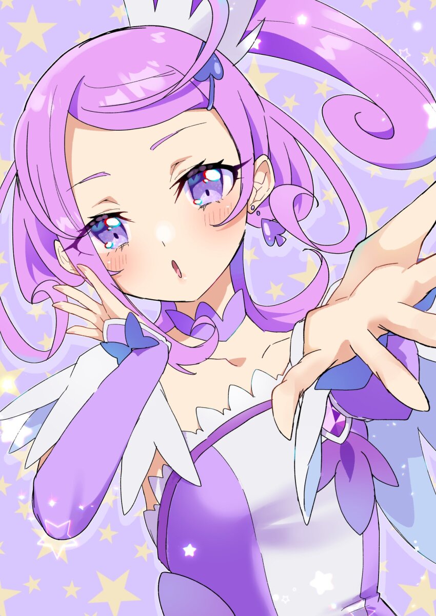 1girl breasts brooch choker collarbone cure_sword dokidoki!_precure earrings hair_ornament heart heart_brooch high_ponytail highres jewelry kenzaki_makoto magical_girl mikorin open_mouth ponytail precure purple_arm_warmers purple_background purple_choker purple_eyes purple_hair purple_skirt purple_theme short_hair skirt small_breasts smile solo spade_(shape) spade_earrings spade_hair_ornament star_(symbol) star_symbol_background upper_body