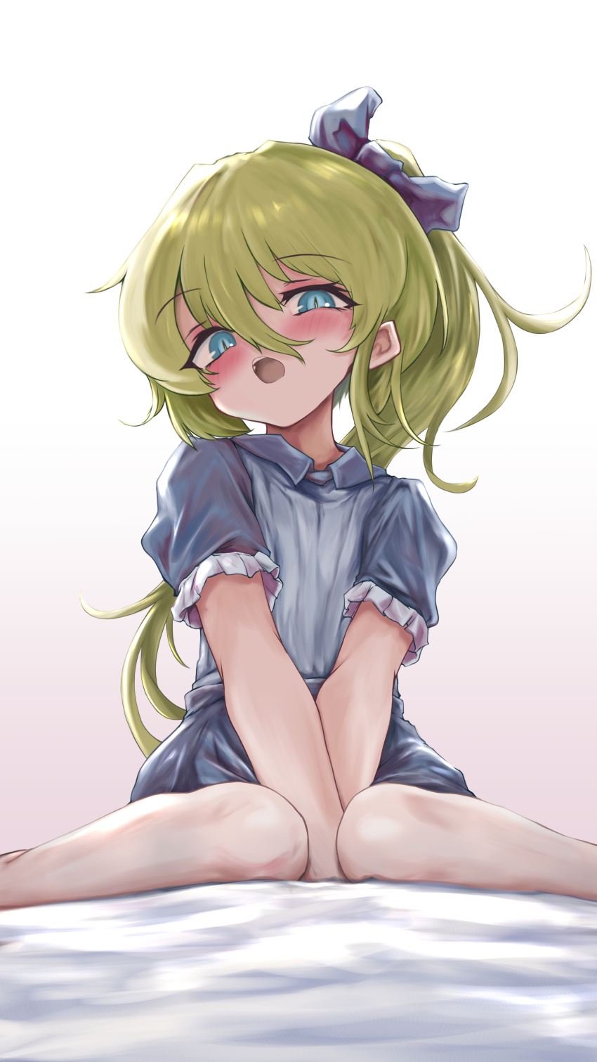 1girl absurdres black_souls blonde_hair blouse blue_eyes blush bow hair_between_eyes hair_bow head_tilt highres looking_at_viewer on_bed open_mouth ponytail scrapiron2800 serpent_god_(black_souls) shirt short_sleeves skirt skirt_set slit_pupils solo v_arms