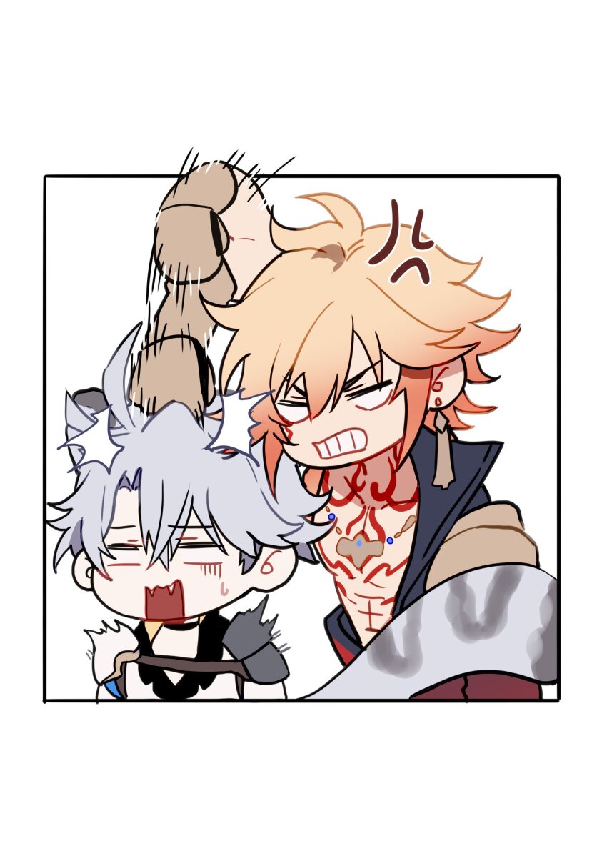 2boys abs ahoge anger_vein arm_tattoo black_choker black_coat black_gloves black_pants black_shirt blue_eyes braid chest_tattoo chinese_commentary choker clawed_gauntlets coat collared_shirt earrings facial_tattoo fingerless_gloves gloves gold_earrings gold_necklace hair_between_eyes highres hitting honkai:_star_rail honkai_(series) jewelry male_focus medium_hair multiple_boys mydei_(honkai:_star_rail) necklace no_pupils open_clothes open_coat pants phainon_(honkai:_star_rail) punching red_tattoo shirt short_hair side_braid snow_leopard_boy snow_leopard_ears snow_leopard_tail tattoo toned toned_male white_coat white_hair yuelinpanp98413