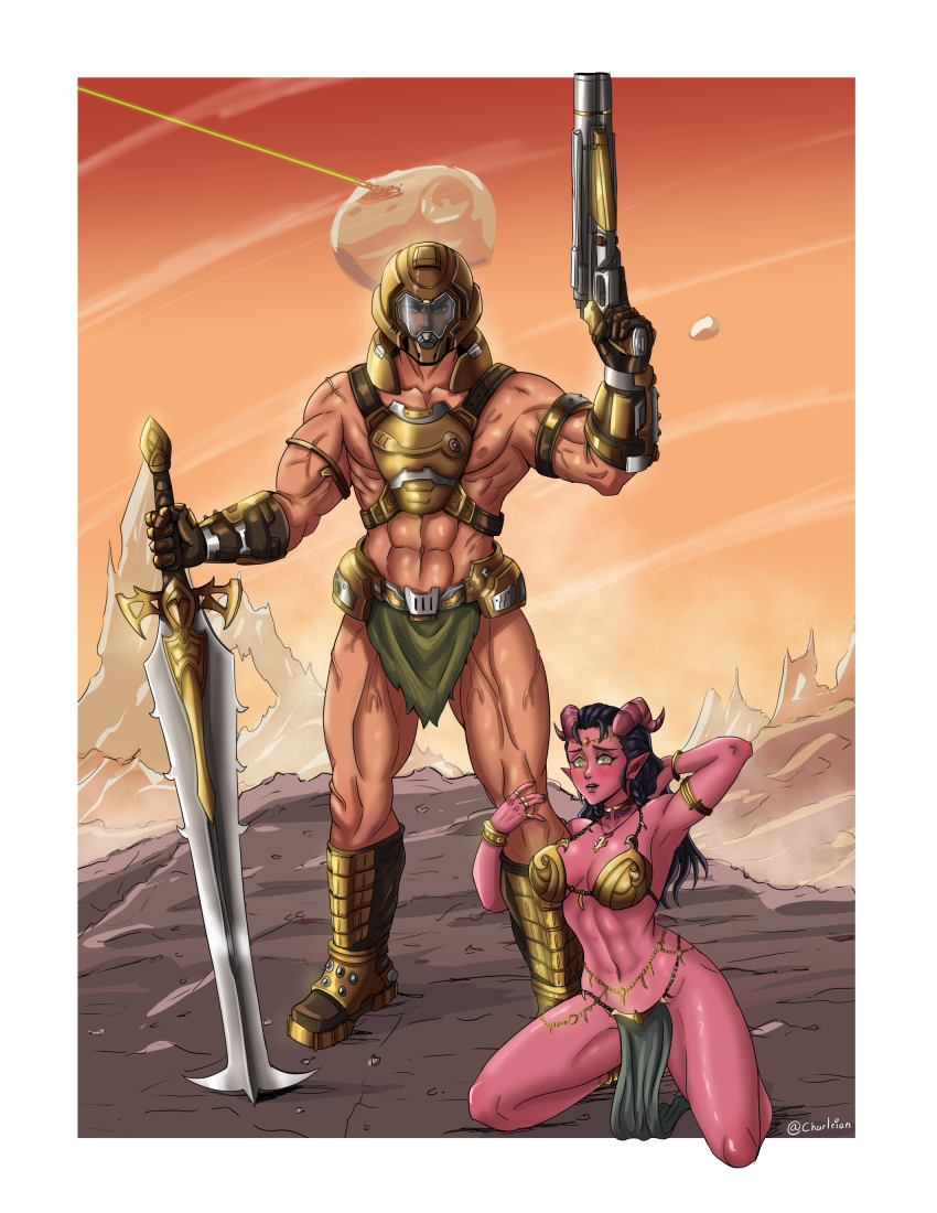 1boy 1girl a_princess_of_mars absurdres adapted_costume alternate_costume armlet armor armored_boots armored_gloves asymmetrical_dual_wielding barbarian barsoom belly_chain bikini bikini_bottom_only bikini_top_only body_jewelry boots bracelet breasts charleian choker collar colored_skin cosplay costume crossover crucible_(doom) dahlia dahlia_(day_of_wrath) dejah_thoris demon demon_girl demon_horns desert doom_(2016) doom_(series) doom_eternal doomguy dual_wielding fantasy gauntlets gold gold_bikini gold_bracelet gold_collar gold_ring gun headband headgear helmet highres holding holding_another&#039;s_leg holding_gun holding_leg holding_sword holding_weapon horns jewelry kneeling leg_grab loincloth long_hair looking_at_viewer mark_of_the_doom_slayer mars_(planet) medium_breasts midriff mountain multiple_rings muscular muscular_male necklace orange_eyes original outdoors panties pelvic_curtain red_skin revealing_clothes ring sand sandals science_fiction shotgun smile swimsuit sword tiefling underwear visor_(armor) weapon yellow_eyes