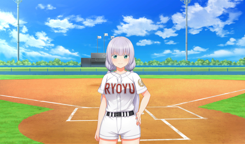 1girl baseball_stadium baseball_uniform belt belt_buckle black_belt blue_sky buckle cinderella_series closed_mouth cloud flag game_cg green_eyes hachigatsu_no_cinderella_nine hand_on_own_hip highres long_hair looking_at_viewer low_twintails nakata_nao non-web_source official_art outdoors scoreboard shirt short_sleeves shorts sky smile solo sportswear tamayomi twintails white_hair white_shirt white_shorts