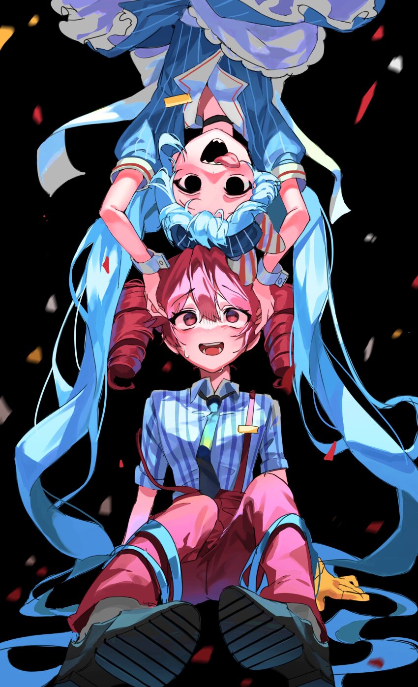 2girls :d absurdres alternate_costume alternate_eye_color apron arms_at_sides arms_up black_background black_choker black_necktie black_shoes blue_dress blue_hair blue_hat bow choker collared_dress collared_shirt confetti crazy diagonal-striped_bow double-parted_bangs dress gloves hair_between_eyes hand_rest hashtag-only_commentary hat hat_bow hatsune_miku highres invisible_floor kasane_teto long_hair looking_at_another looking_down looking_up mesmerizer_(vocaloid) multiple_girls necktie newda_al on_floor open_mouth pants pinstripe_dress pinstripe_hat pinstripe_pattern platform_shoes red_eyes red_hair red_pants sailor_collar scared sharp_teeth shirt shoes short_sleeves sitting sleeves_rolled_up smile solid_circle_eyes suspenders suspenders_slip sweat teeth tongue tongue_out twintails two-tone_bow upside-down utau very_long_hair visor_cap vocaloid waist_apron white_apron white_bow white_sailor_collar white_shirt white_wrist_cuffs wing_collar wrist_cuffs yellow_gloves