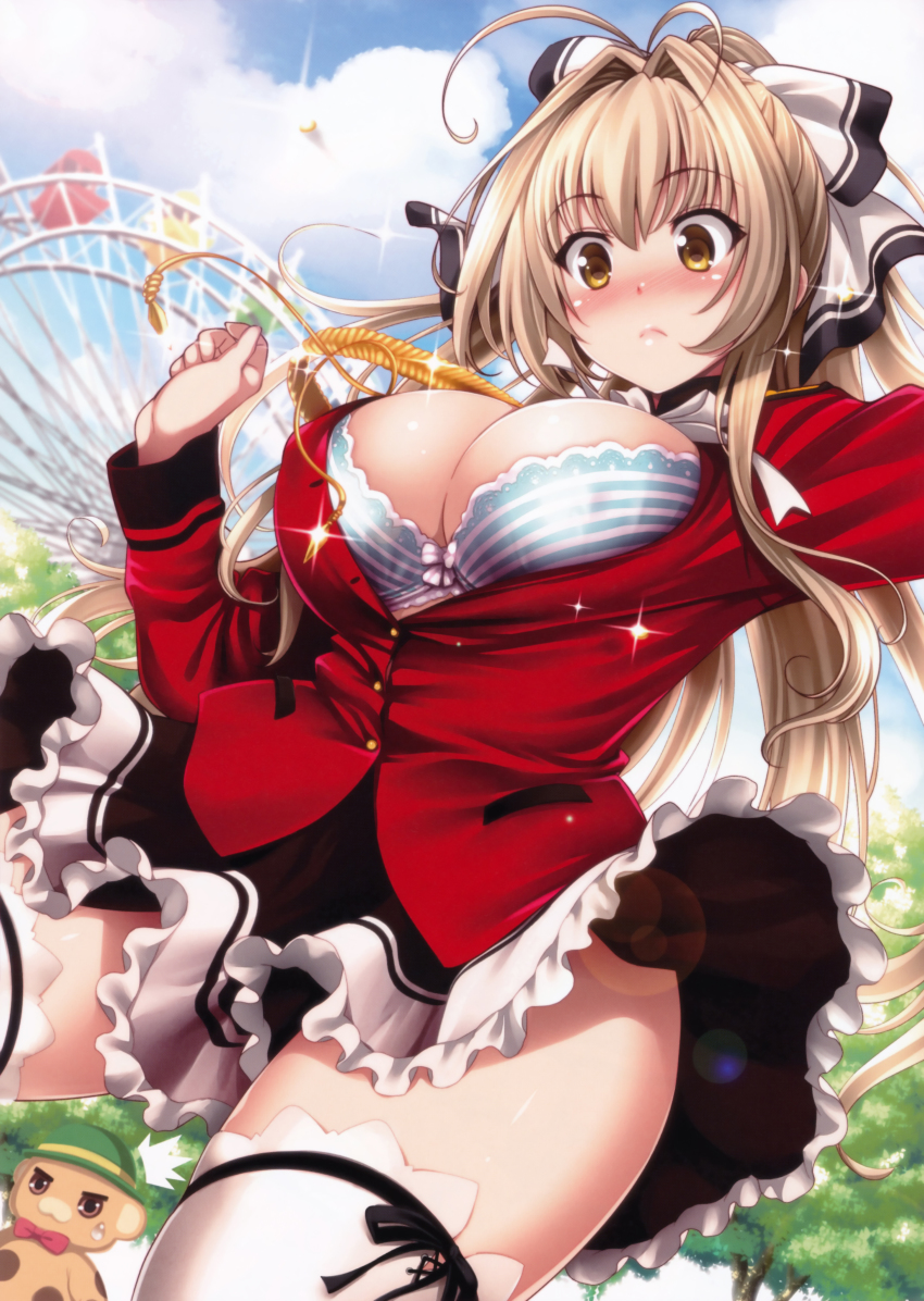 1girl ^^^ absurdres amagi_brilliant_park antenna_hair blue_bra blush bra breasts brown_eyes brown_hair bursting_breasts cleavage clothes_lift cosplay ferris_wheel full-face_blush hair_intakes highres inconvenient_breasts kigurumi large_breasts long_hair long_sleeves moffle nakajima_yuka official_art open_clothes open_shirt ponytail popped_button sento_isuzu shirt skirt skirt_lift sparkle striped_bra striped_clothes sweatdrop thighhighs underwear wardrobe_malfunction white_thighhighs yasui_riosuke yellow_eyes zettai_ryouiki