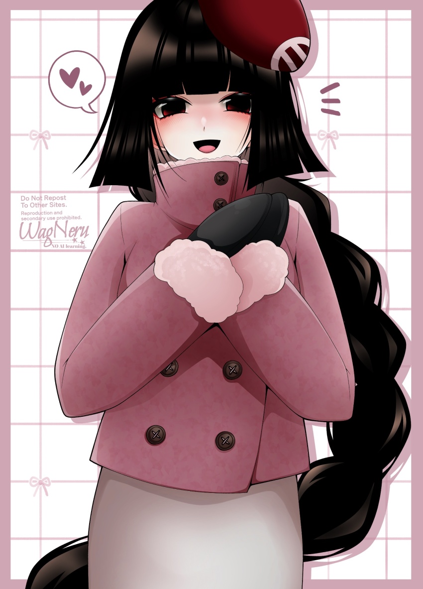 1girl beret black_eyes black_hair black_mittens blunt_bangs blush braid braided_ponytail breasts buttons double-breasted eyeliner fate/grand_order fate_(series) hat highres jacket komahime_(fate) long_hair long_sleeves looking_at_viewer makeup mittens open_mouth pink_jacket red_hat skirt small_breasts smile solo very_long_hair wagu_neru white_skirt