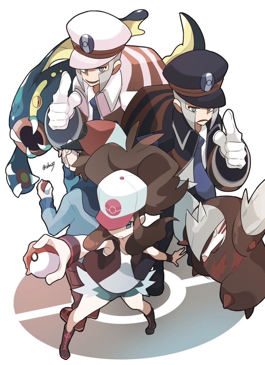 1girl 3boys baseball_cap black_coat black_footwear black_pants black_vest blue_eyes blue_jacket blue_necktie brothers brown_hair clear_2758 coat collared_shirt denim denim_shorts eelektross emmet_(pokemon) excadrill frown gen_5_pokemon gloves grey_eyes grey_hair hat highres hilbert_(pokemon) hilda_(pokemon) holding holding_poke_ball ingo_(pokemon) jacket long_hair long_sleeves looking_at_viewer multiple_boys necktie nintendo open_mouth pants poke_ball poke_ball_print pokemon pokemon_(creature) pokemon_bw ponytail red_footwear shirt short_shorts shorts siblings sideburns simple_background smile vest white_background white_gloves white_shirt