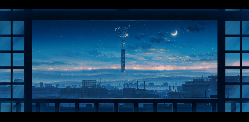 animal_ears balcony blue_theme building cloud cola_(gotouryouta) commentary_request crescent_moon fence highres letterboxed lightning_rod looking_outside moon moon_phases no_humans original rabbit_ears radio_antenna scenery sky sliding_doors star_(sky) starry_sky wind_chime
