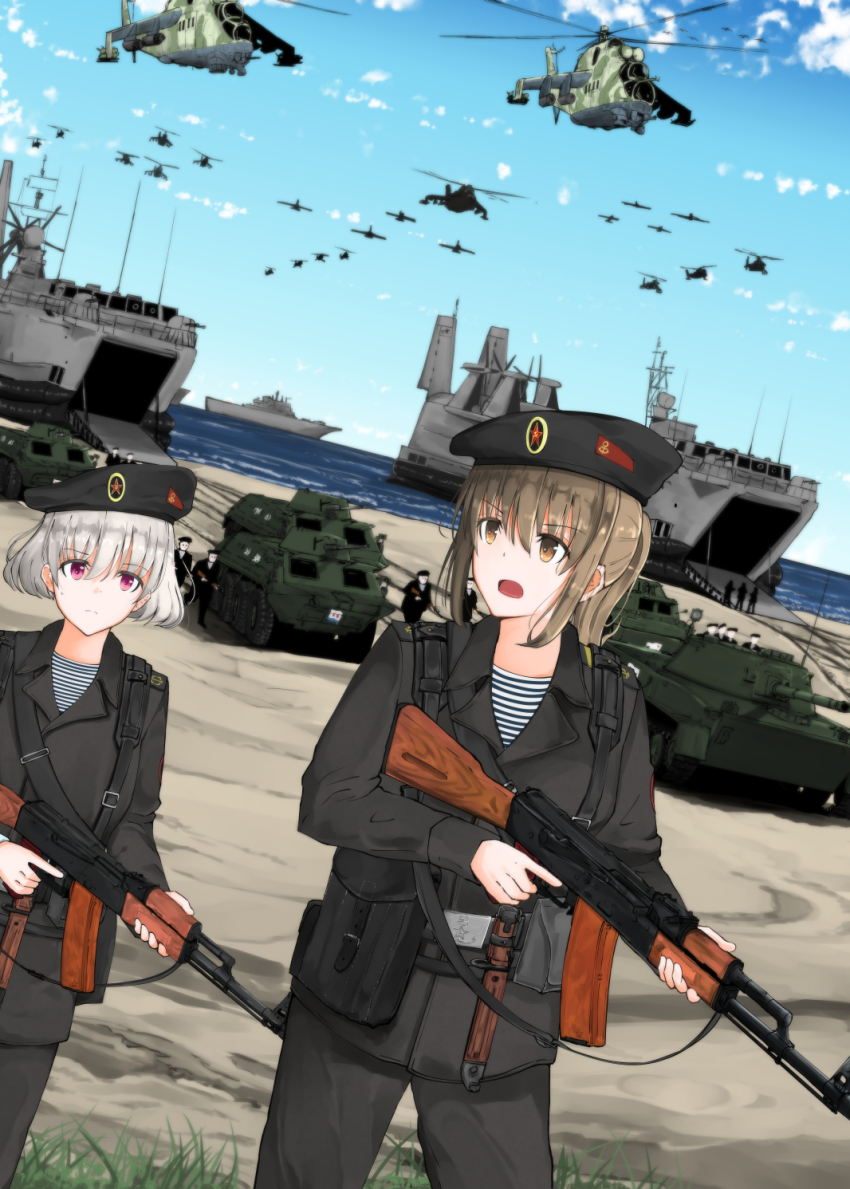 aircraft airplane aist-class_lcac ak-74 amphibious_assault_ship amphibious_vehicle armored_personnel_carrier armored_vehicle assault_rifle attack_helicopter bad_id bad_pixiv_id bayonet beach belt_buckle beret blurry brown_eyes brown_hair buckle cloud depth_of_field dutch_angle frown grass gun gun_sling hat heavy_machine_gun helicopter highres horizon hovercraft infantry_fighting_vehicle kalashnikov_rifle kpv_heavy_machine_gun load_bearing_equipment looking_back machine_gun maz543 mi-24 military military_combat_uniform military_uniform military_vehicle motor_vehicle naval_uniform navy ocean open_mouth original pink_eyes ponytail pouch pt-76 rifle rocket_launcher rocket_pod ship shirt short_hair silhouette silver_hair sky soldier soviet soviet_navy striped_clothes striped_shirt sweatdrop tank telnyashka trigger_discipline ub-32_(rocket_pod) watercraft weapon