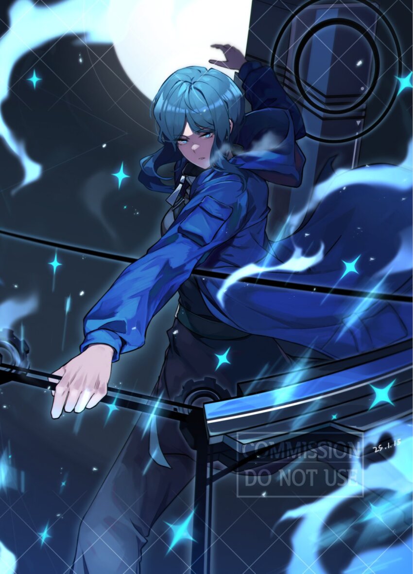 1girl bari_(project_moon) black_jacket black_pants blue_coat blue_eyes blue_hair bow_(weapon) coat commission fighting_stance highres holding holding_bow_(weapon) holding_weapon hood hood_down jacket limbus_company looking_at_viewer pants project_moon rmenssari short_hair_with_long_locks solo sparkle watermark weapon
