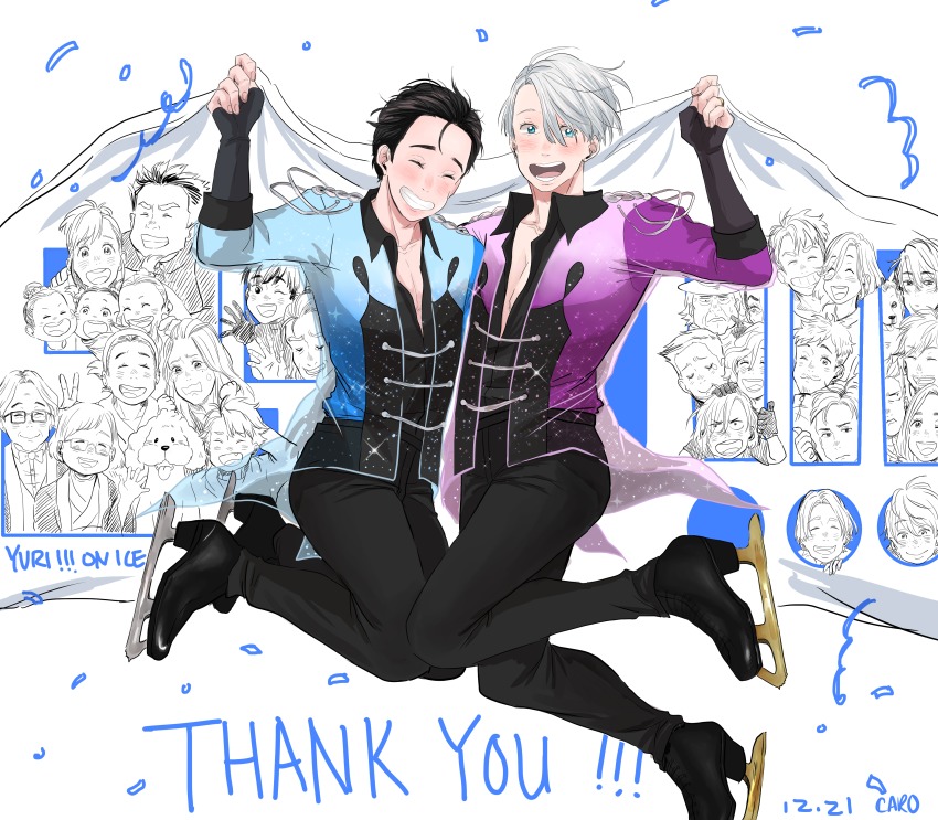 10s 2boys ^_^ absurdres azebra-was-here banner black_hair blue_eyes celestino_cialdini christophe_giacometti copyright_name dated dog emil_nekola epaulettes everyone closed_eyes georgi_popovich grin highres ice_skates isabella_yang jean-jacques_leroy ji_guang-hong jumping katsuki_hiroko katsuki_mari katsuki_toshiya katsuki_yuuri lee_seung-gil leo_de_la_iglesia lilia_baranovskaya makkachin male_focus michele_crispino mila_babicheva minami_kenjirou multiple_boys nishigoori_axel nishigoori_loop nishigoori_lutz nishigoori_takeshi nishigoori_yuuko okukawa_minako open_mouth otabek_altin phichit_chulanont sara_crispino silver_hair skates smile thank_you viktor_nikiforov yakov_feltsman yuri!!!_on_ice yuri_plisetsky