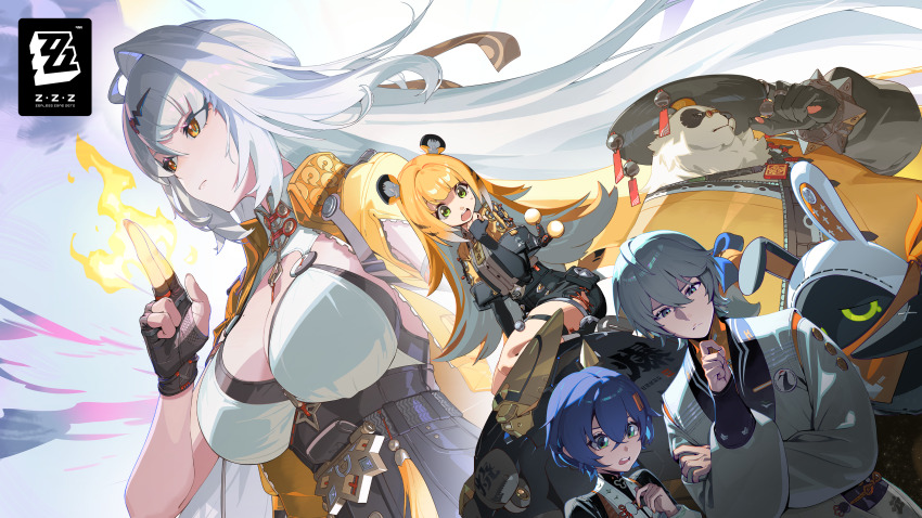 1other 2boys 3girls absurdres animal_ears bandana bandana_around_neck bangboo_(zenless_zone_zero) belle_(zenless_zone_zero) black_gloves blonde_hair blue_hair breasts brother_and_sister chinese_clothes cleavage closed_mouth crossed_bangs eous_(zenless_zone_zero) fingerless_gloves fire frown gloves green_eyes grey_hair hair_between_eyes highres ju_fufu key_visual large_breasts long_hair looking_down multiple_boys multiple_girls official_art open_mouth orange_bandana pan_yinhu panda promotional_art scarf short_hair siblings tiger_ears white_hair wise_(zenless_zone_zero) yellow_eyes yi_xuan_(zenless_zone_zero) zenless_zone_zero