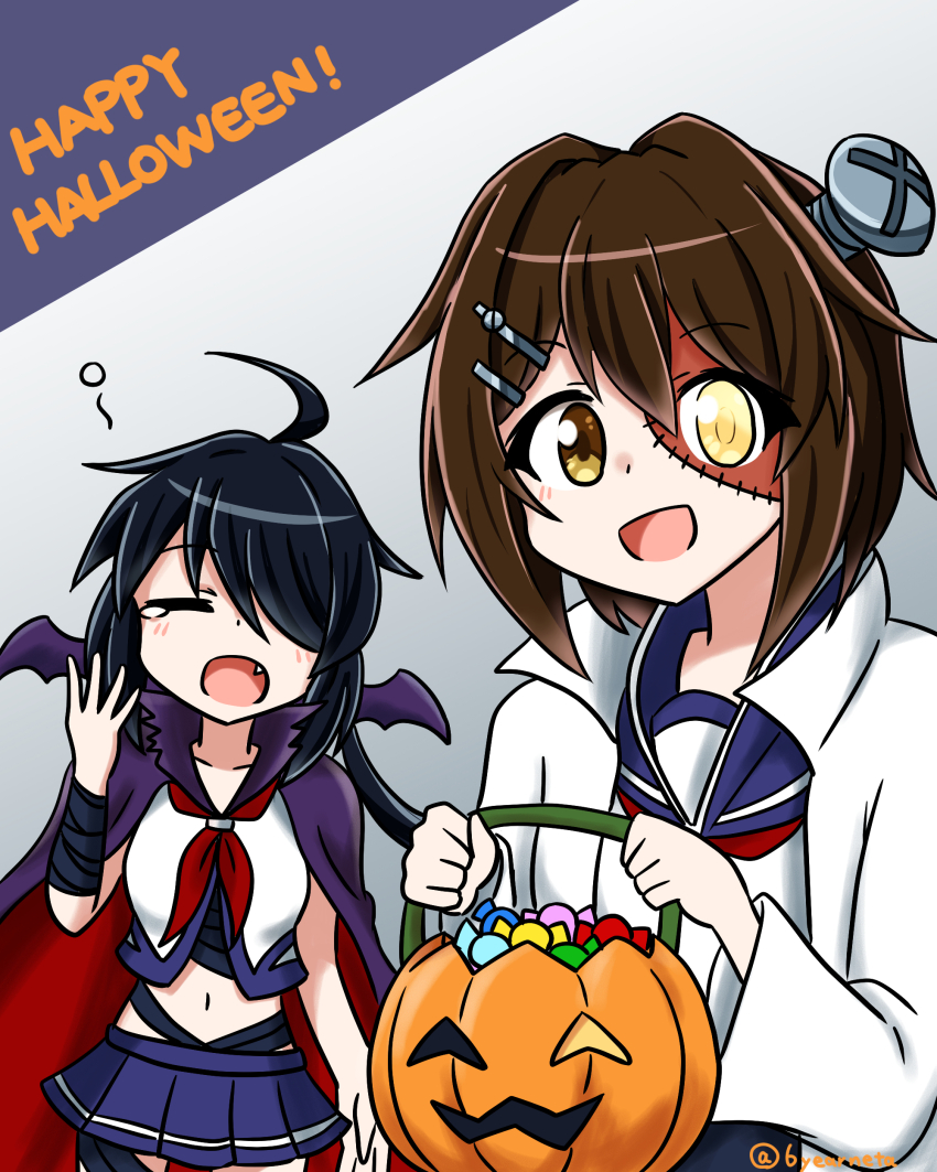 2girls absurdres ahoge alternate_costume black_hair blue_serafuku blue_skirt brown_hair cape closed_eyes fang furutaka_(kancolle) furutaka_kai_ni_(kancolle) gloves glowing glowing_eye hair_ornament hair_over_one_eye hairclip halloween heterochromia highres jack-o&#039;-lantern kako_(kancolle) kako_kai_ni_(kancolle) kantai_collection kinoshita_tsubomi long_hair midriff multiple_girls navel neckerchief object_through_head patchwork_skin purple_cape red_neckerchief school_uniform screw screw_in_head serafuku short_hair skirt upper_body white_gloves yawning yellow_eyes