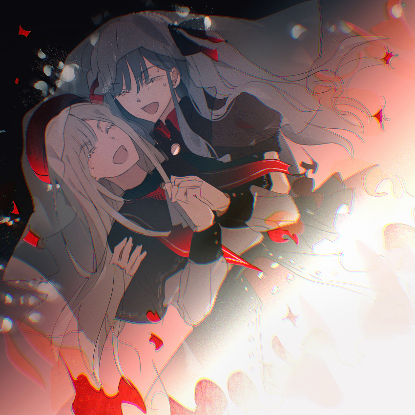 2girls :d bang_dream! bang_dream!_it&#039;s_mygo!!!!! beret blue_hair closed_eyes commentary dutch_angle green_hair hair_ribbon hands_up hat highres long_hair long_sleeves mortis_(bang_dream!) mortis_(costume)_(bang_dream!) multiple_girls oblivionis_(bang_dream!) open_mouth own_hands_together puffy_short_sleeves puffy_sleeves red_hat red_shirt reiboubyou ribbon shirt short_sleeves sidelocks smile standing togawa_sakiko wakaba_mutsumi