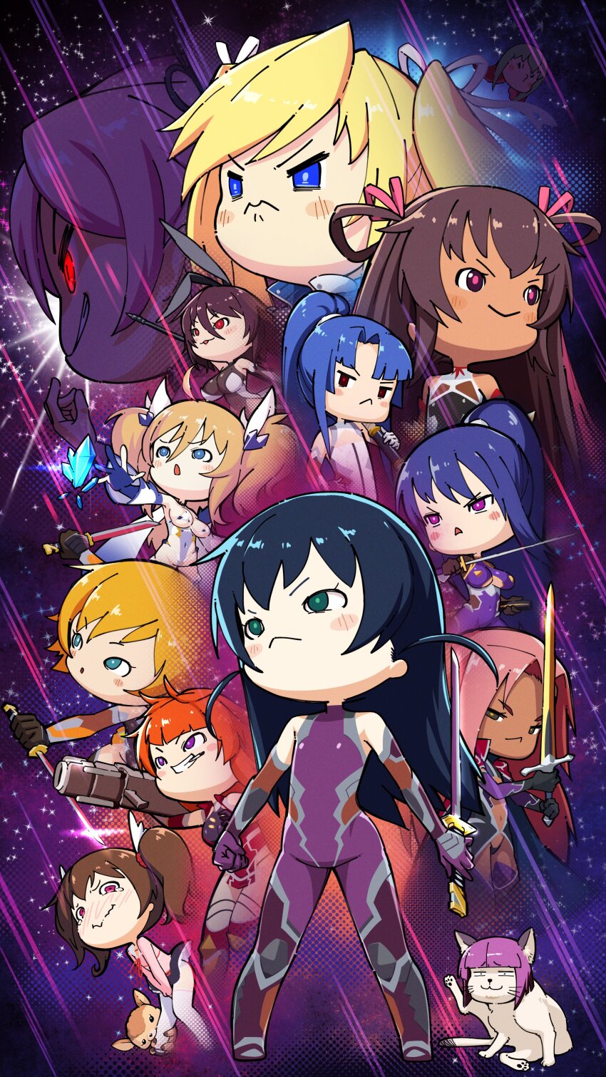 1boy 6+girls :&lt; :3 :o absurdres ahegao aishuu_hebiko akiyama_rinko alternate_costume androgynous avengers:_endgame avengers_(series) blonde_hair blush blush_stickers bodysuit breasts cat chibi clothes_lift crossdressing crossdressing_(mtf) curvy dark-skinned_female dark_skin embarrassed evil_smile felicia_(taimanin_kurenai) full_body glowing glowing_eyes green_eyes hair_ribbon high_ponytail highleg highleg_leotard highres holding holding_sword holding_weapon igawa_asagi igawa_sakura ingrid_(taimanin_asagi) kamimura_maika kneeling leotard lilith-soft long_hair marvel mizuki_yukikaze multiple_girls obo_cat official_alternate_costume official_art official_wallpaper onizaki_kirara parody pointy_ears ponytail pun purple_bodysuit red_eyes ribbon shinganji_kurenai shiny_clothes short_hair siblings sisters skirt skirt_lift smile standing stuffed_animal stuffed_toy sword taimanin_(series) taimanin_asagi taimanin_rpgx taimanin_yukikaze taimanun tears tentacles thong thong_leotard trap twintails two_side_up uehara_shikanosuke v wavy_mouth weapon yatsu_murasaki