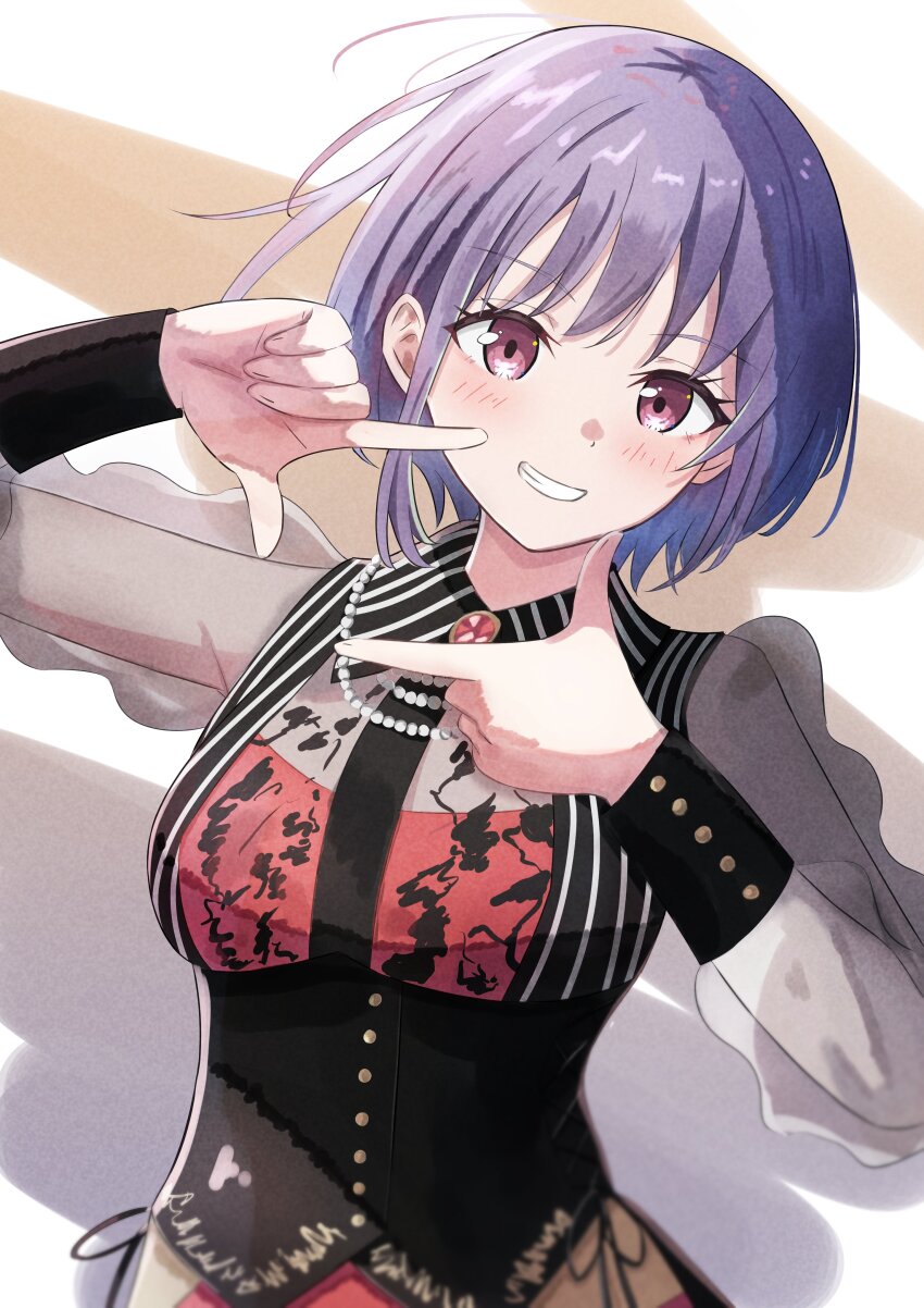 1girl absurdres amoris_(bang_dream!) azakura_(beniyomogi) bang_dream! bang_dream!_it&#039;s_mygo!!!!! black_corset blush breasts clenched_teeth collar commentary corset gem highres jewelry large_breasts long_sleeves looking_at_viewer pink_eyes purple_hair see-through_clothes see-through_sleeves short_hair solo teeth upper_body yuutenji_nyamu