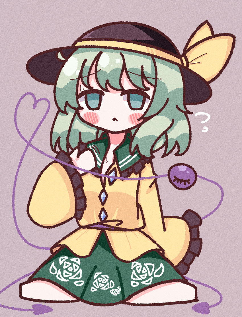 1girl absurdres black_hat blush blush_stickers bow buttons diamond_button fanning_self floral_print frilled_shirt_collar frilled_sleeves frills green_eyes green_hair green_skirt hat hat_bow heart heart_of_string highres hot komeiji_koishi light_green_hair long_sleeves medium_hair open_clothes open_shirt rose_print shirt simple_background sitting skirt sleeves_past_wrists solo third_eye touhou waroemon yellow_bow yellow_shirt