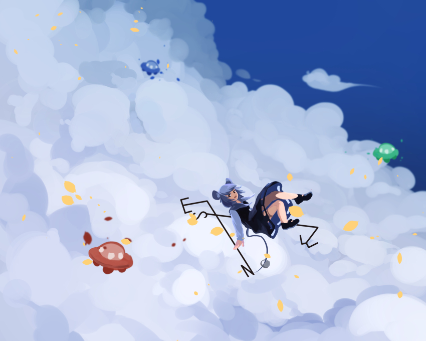 1girl :d black_dress black_shoes capelet cloud cloudy_sky dress floating furahata_gen grey_capelet grey_hair highres holding long_sleeves looking_at_viewer medium_hair nazrin open_mouth red_eyes shirt shoes sky sleeve_cuffs smile solo swept_bangs touhou ufo undefined_fantastic_object white_shirt