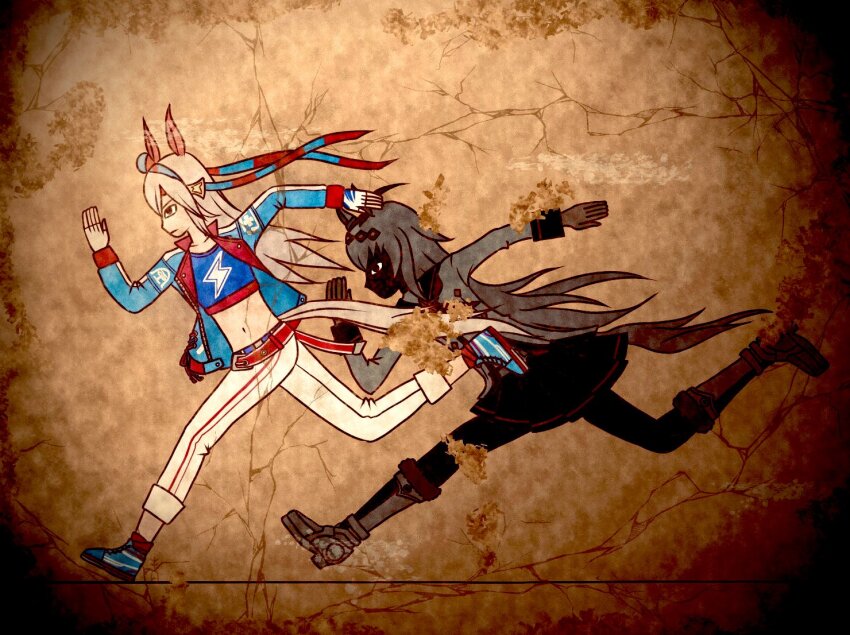 2girls ahoge animal_ears blue_hairband blue_jacket blue_skirt crack ear_covers egyptian_art from_side grey_hair grey_tail hairband headband horse_ears horse_girl horse_tail jacket kita_(7kita) long_hair long_sleeves multiple_girls oguri_cap_(umamusume) pants parody red_headband running skirt style_parody tail tamamo_cross_(umamusume) umamusume umamusume:_cinderella_gray very_long_hair white_pants
