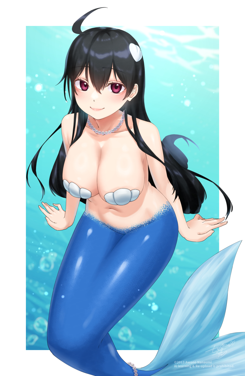 1girl ahoge air_bubble awono_nanaumi bikini black_hair borrowed_character breasts bubble cleavage closed_mouth collarbone commission hair_between_eyes highres jewelry large_breasts long_hair looking_at_viewer mermaid monster_girl navel necklace original pearl_necklace red_eyes shell shell_bikini shell_hair_ornament skeb_commission smile solo tail tail_ornament underwater