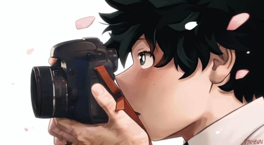 1boy artist_name boku_no_hero_academia camera collared_shirt dyn4bun falling_petals freckles from_side green_eyes green_hair hashtag-only_commentary highres holding holding_camera male_focus midoriya_izuku multiple_scars petals pink_petals scar scar_on_hand shirt short_hair simple_background solo white_background