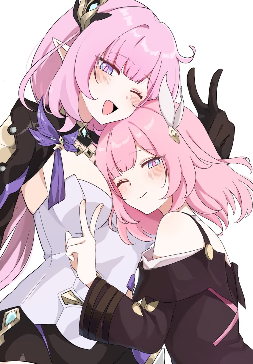 2girls bare_shoulders black_gloves black_jacket black_shorts black_shrug blue_eyes blush breasts closed_mouth commentary cyrene_(honkai:_star_rail) elysia_(honkai_impact) elysia_(miss_pink_elf)_(honkai_impact) gloves hair_ornament head_on_another&#039;s_chest highres honkai:_star_rail honkai_(series) honkai_impact_3rd in-franchise_crossover inoue_marina jacket large_breasts long_hair long_sleeves look-alike looking_at_viewer medium_hair multiple_girls one_eye_closed open_mouth pink_hair pink_pupils pointy_ears shirt shorts shrug_(clothing) simple_background smile trait_connection v voice_actor_connection white_background white_shirt yudemame1027