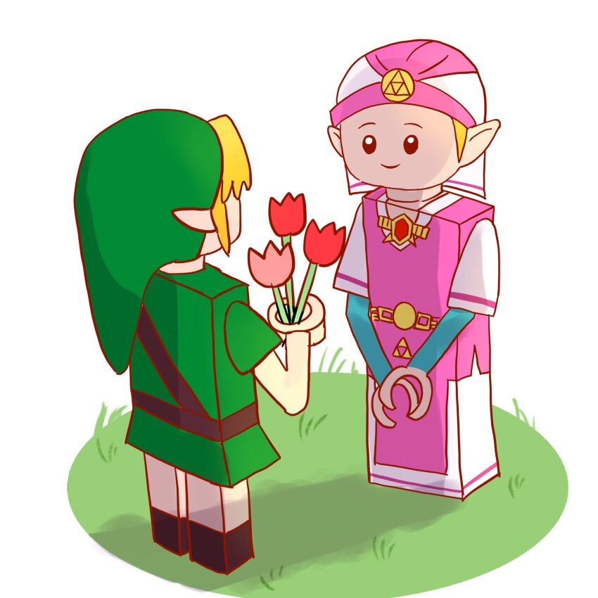 1boy 1girl blonde_hair dress flower green_hat green_tunic hat highres holding holding_flower lego_minifig link nameko_(nanakake2) nintendo pink_dress pointy_ears princess_zelda red_flower smile the_legend_of_zelda the_legend_of_zelda:_ocarina_of_time the_lego_group triforce tulip tunic white_dress young_link young_zelda