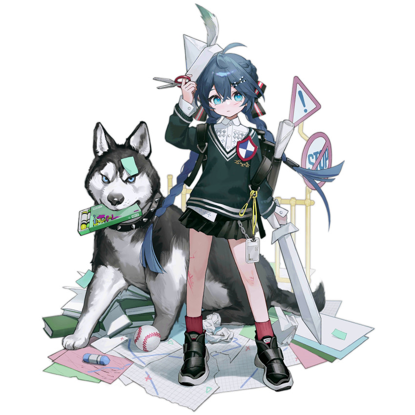 1girl aged_down ahoge backpack bag baseball black_bag black_fur black_shoes black_skirt blue_eyes blue_hair book braid closed_mouth collar crayon crumpled_paper dog dog_request expressionless full_body girls&#039;_frontline green_sweater hair_between_eyes hair_ornament hat_feather highres holding holding_scissors holding_sword holding_weapon lanyard long_hair m240l_(girls&#039;_frontline) m240l_(home_with_paladin)_(girls&#039;_frontline) nunok official_alternate_costume official_art paper_hat paper_sword red_socks road_sign scissors scrape scraped_knee shield shirt shoes sign simple_background skirt sneakers socks solo spiked_collar spikes standing stop_sign sweater sword third-party_source transparent_background twin_braids two-tone_fur v-neck very_long_hair weapon white_fur white_shirt x_hair_ornament yield_sign
