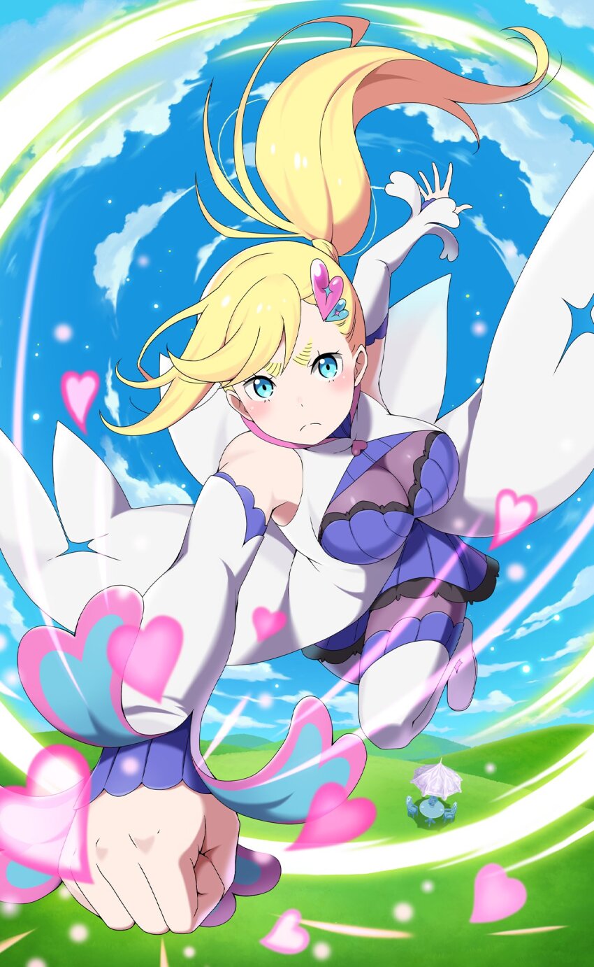 1girl bare_shoulders blonde_hair blue_dress blue_eyes blue_sky breasts cleavage clenched_hand closed_mouth cloud cloudy_sky day detached_sleeves dress floating floating_clothes floating_hair hair_ornament heart heart_hair_ornament highres long_hair looking_at_viewer medium_breasts minerva_(re:zero) mountain multicolored_clothes official_art open_hand outdoors pantyhose punching re:zero_kara_hajimeru_isekai_seikatsu re:zero_kara_hajimeru_isekai_seikatsu:_lost_in_memories shockwave side_ponytail sky solo tears thighhighs white_dress white_pantyhose white_sleeves zettai_ryouiki