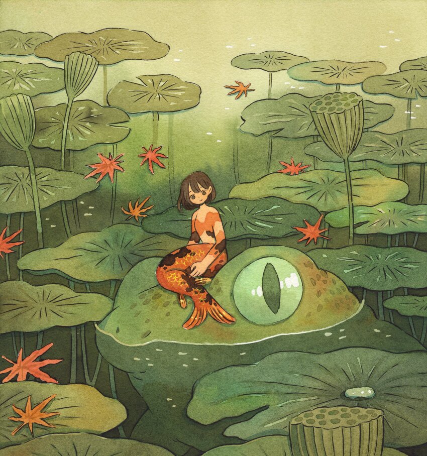 1girl autumn_leaves bare_shoulders brown_eyes brown_hair closed_mouth commentary english_commentary fins fish_tail frog green_background heikala highres inktober koi lake leaf lily_pad limited_palette lotus_leaf lotus_pod maple_leaf mermaid mini_person minigirl monster_girl orange_scales original outdoors painting_(medium) short_hair sitting sitting_on_animal smile solo tail traditional_media water water_drop watercolor_(medium)