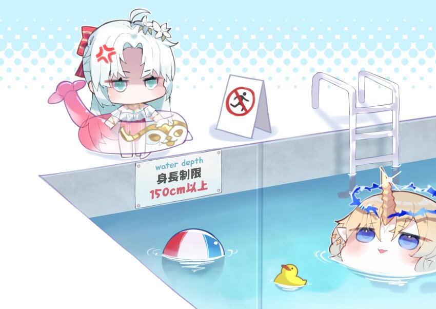 2girls absurdres ahoge anger_vein ball beachball blonde_hair blue_eyes bow carlotta_(wuthering_waves) chibi chibi_only commentary_request crown_of_thorns envy fleurdelys_(wuthering_waves) hair_bow highres horns innertube multiple_girls no_mouth one-piece_swimsuit parted_bangs pink_bow pink_one-piece_swimsuit pool rubber_duck shigureszku single_horn smile swim_ring swimsuit tacet_mark_(wuthering_waves) wuthering_waves yellow_horns