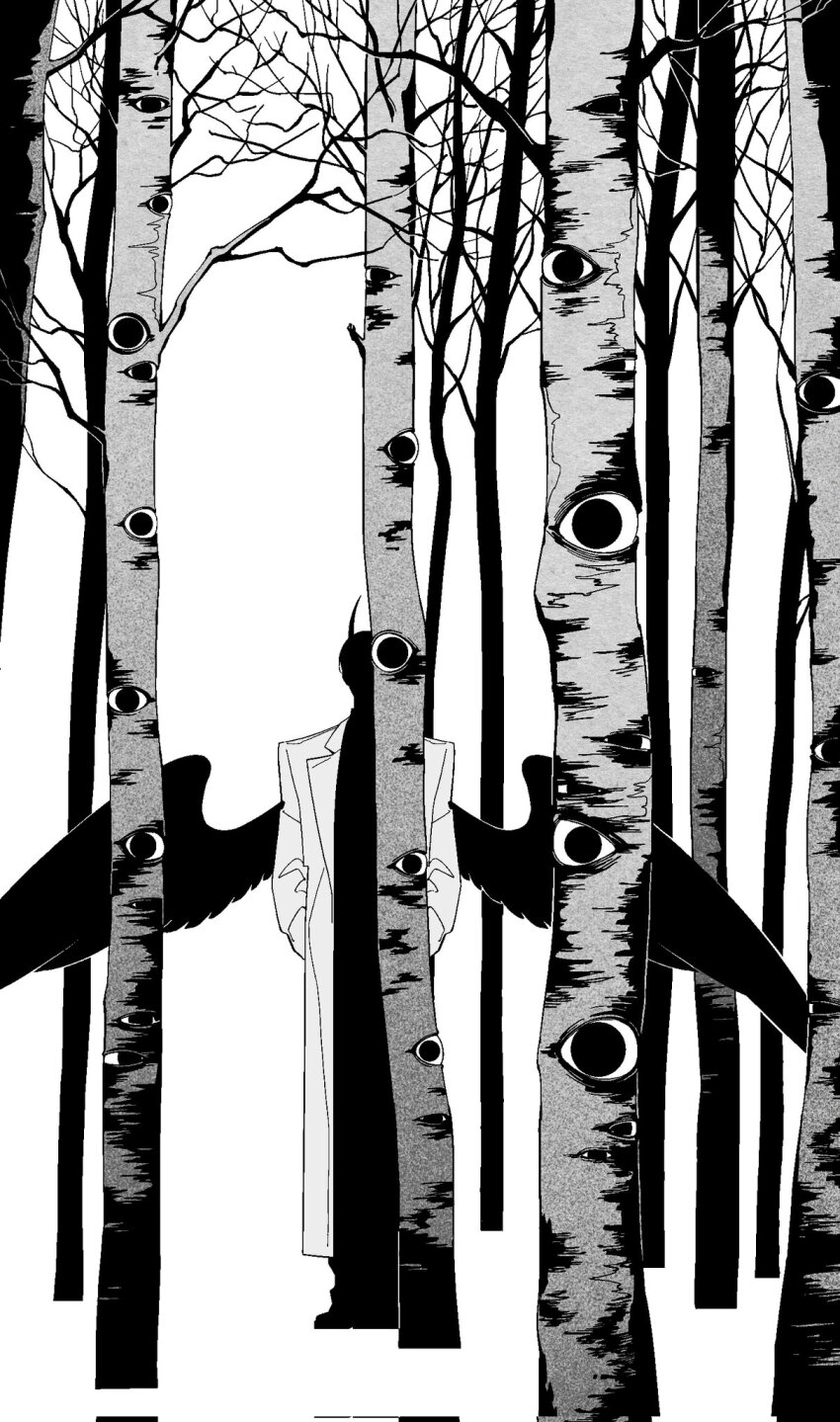 1boy benkdjjituibot birch_tree black_shirt black_wings coat collared_shirt demon_horns faceless feathered_wings forest full_body greyscale hand_in_pocket highres horns kim_dokja looking_at_viewer male_focus monochrome nature official_alternate_costume omniscient_reader&#039;s_viewpoint shirt solo too_many_eyes tree white_coat wings