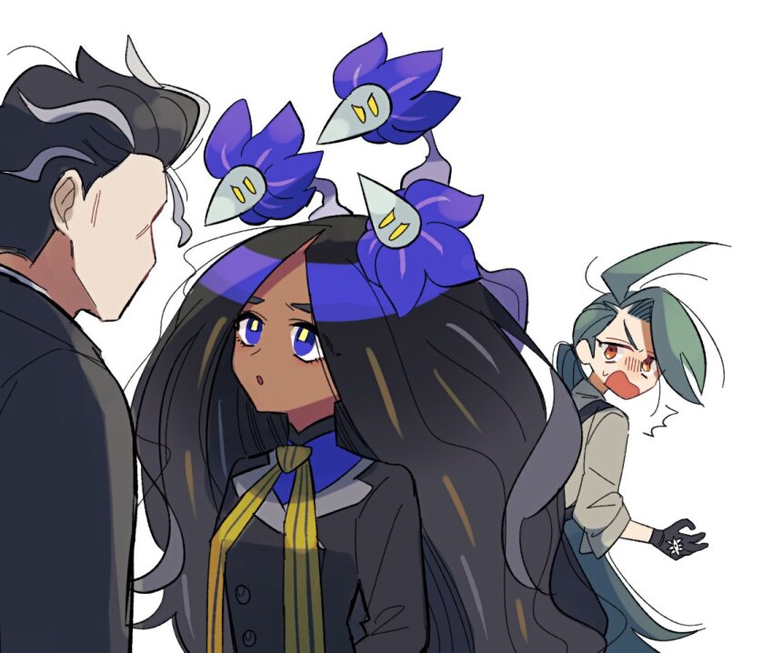 1boy ahoge big_hair black_gloves black_hair black_jacket blonde_hair blue_eyes blue_hair blue_shirt dark-skinned_female dark_skin game_freak geeta_(pokemon) glimmet gloves green_hair grey_hair jacket larry_(pokemon) long_hair multicolored_hair multiple_girls neck_ribbon nintendo on_head pokemon pokemon_(creature) pokemon_on_head pokemon_sv ponytail red_eyes ribbon rika_(pokemon) shirt short_hair streaked_hair two-tone_hair yellow_ribbon yunme
