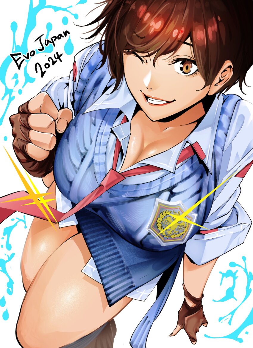 1girl absurdres blue_sweater breasts brown_eyes brown_gloves brown_hair cleavage clenched_hand collarbone collared_shirt evolution_championship_series fingerless_gloves gloves highres kazama_asuka large_breasts nadainishi one_eye_closed red_lips shirt solo sparkle sweater tekken tekken_8 white_shirt