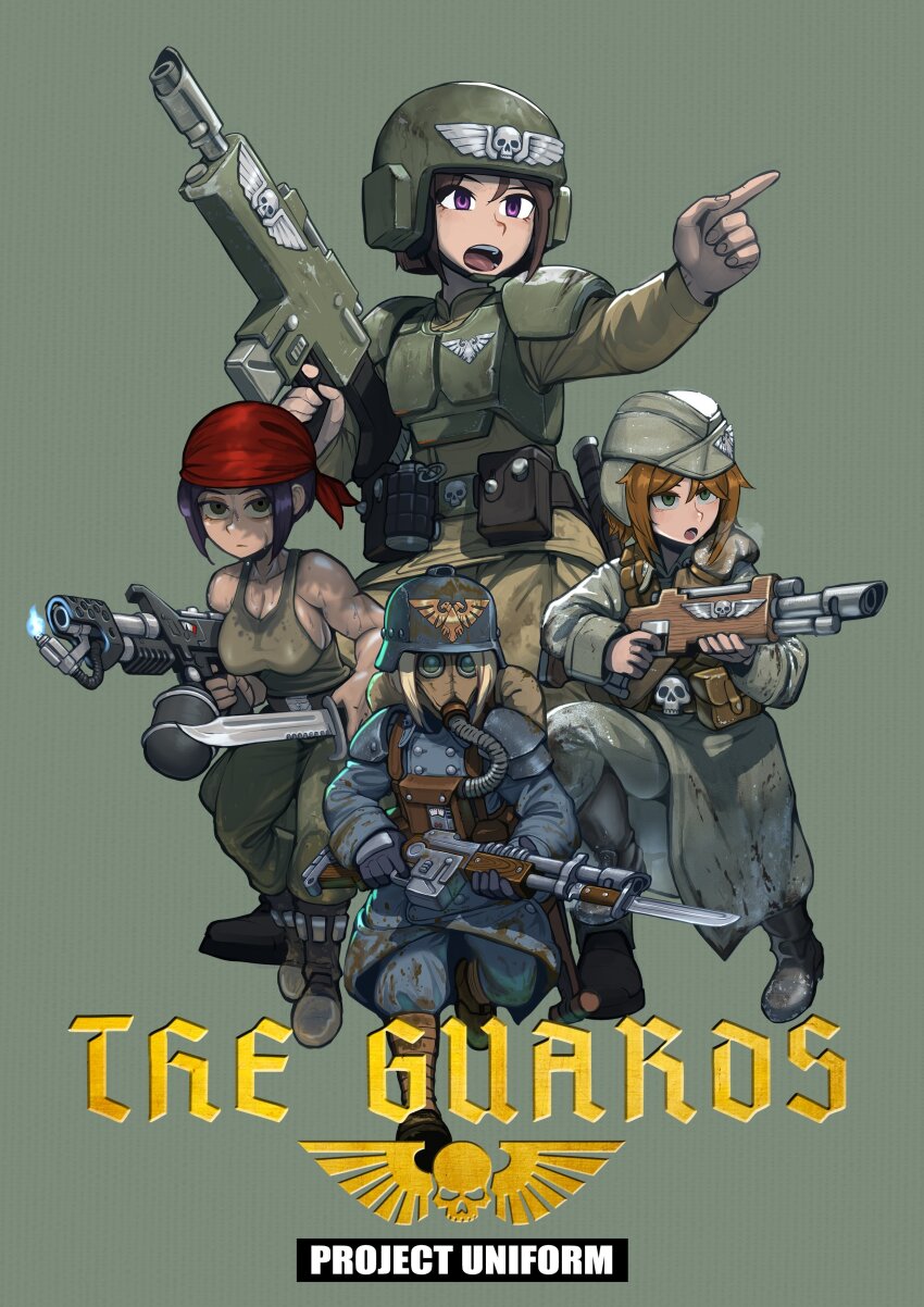 absurdres armor astra_militarum breasts catachan_jungle_fighter cleavage death_korps_of_krieg english_text erica_(naze1940) explosive flamer flamethrower gas_mask gloves grenade gun headband helmet highres holding knife long_sleeves mask medium_breasts military military_uniform multiple_girls purple_eyes short_hair sweat warhammer_40k weapon