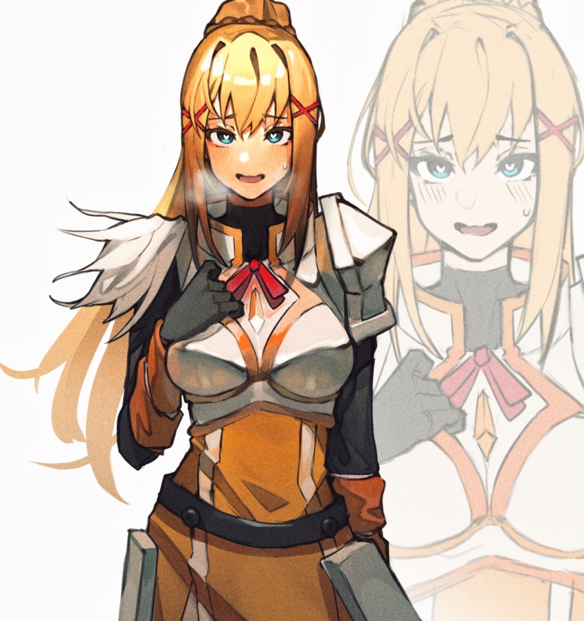 1girl armor belt black_belt black_bodysuit black_gloves blonde_hair blue_eyes blush bodysuit boobplate bow braid breastplate breasts colored_eyelashes darkness_(konosuba) double-parted_bangs gloves hair_between_eyes hair_ornament hair_rings heart heart-shaped_pupils heavy_breathing highres ice_calm kono_subarashii_sekai_ni_shukufuku_wo! large_breasts light_blush long_hair long_sleeves looking_at_viewer open_mouth pauldrons ponytail ponytail_with_braided_base red_bow shoulder_armor sidelocks simple_background single_hair_ring single_pauldron solo sweatdrop symbol-shaped_pupils white_background x_hair_ornament