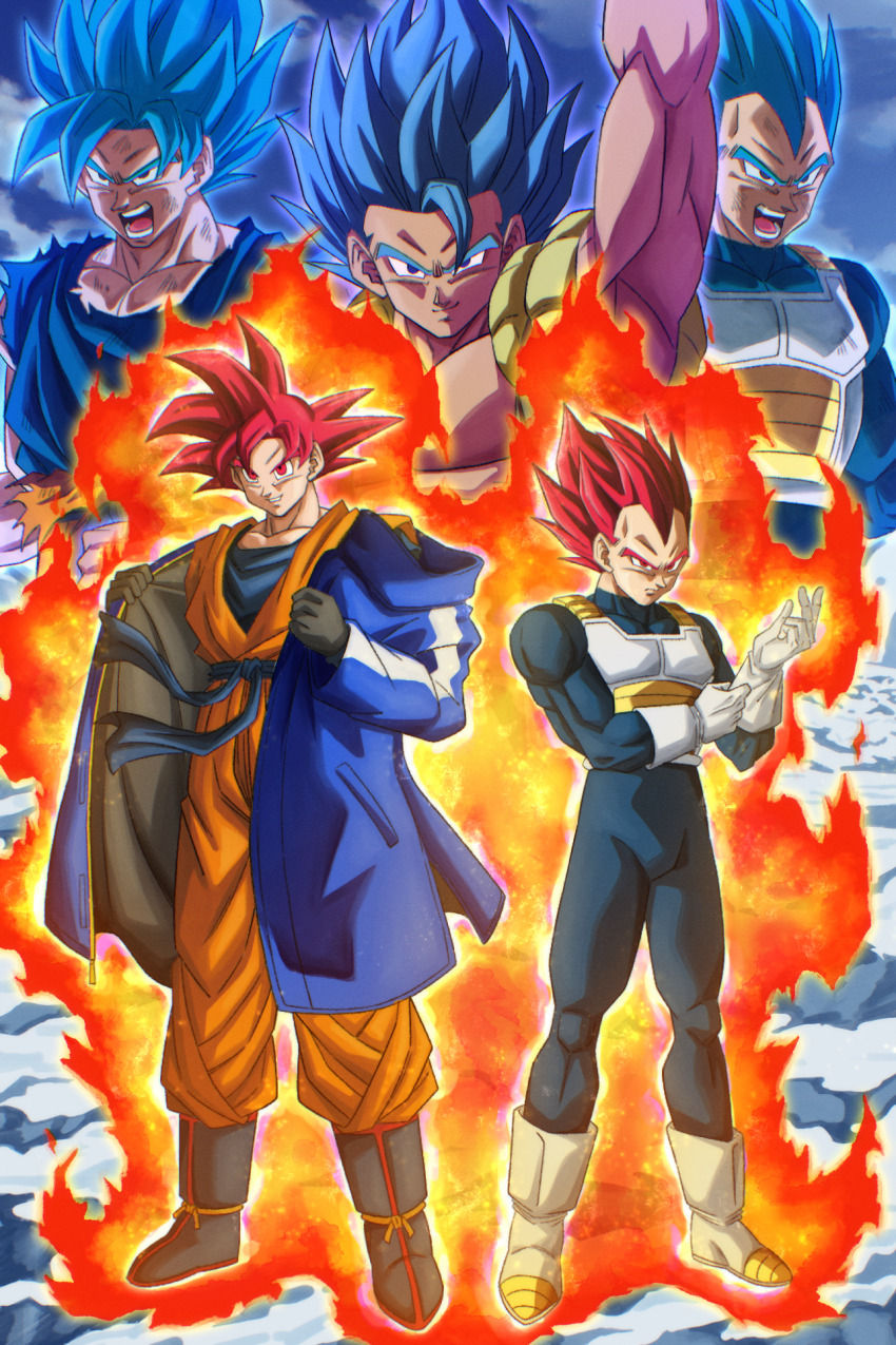 3boys adjusting_clothes adjusting_gloves arm_up armor blue_bodysuit blue_coat blue_eyes blue_hair blue_sash bodysuit boots buraku_black closed_mouth coat commentary_request dated_commentary dougi dragon_ball dragon_ball_super dragon_ball_super_broly gloves gogeta highres male_focus medium_hair metamoran_vest multiple_boys multiple_views muscular muscular_male open_mouth orange_pants orange_shirt pants parted_lips partial_commentary red_eyes red_hair redrawn saiyan_armor sash shirt skin_tight smirk son_goku spiked_hair super_saiyan super_saiyan_blue super_saiyan_god teeth torn_clothes undershirt vegeta white_armor white_boots