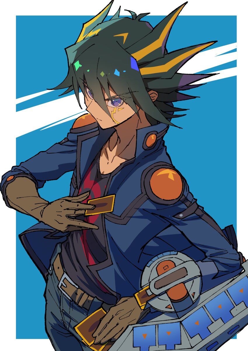 1boy absurdres belt black_hair blonde_hair blue_background blue_jacket blue_pants border brown_belt brown_gloves card closed_mouth duel_disk facial_mark fudo_yusei gloves hair_between_eyes highres holding holding_card jacket long_sleeves looking_at_viewer male_focus multicolored_hair open_clothes open_jacket outside_border pants purple_eyes shirt solo spiked_hair two-tone_hair white_border youko-shima yu-gi-oh! yu-gi-oh!_5d&#039;s