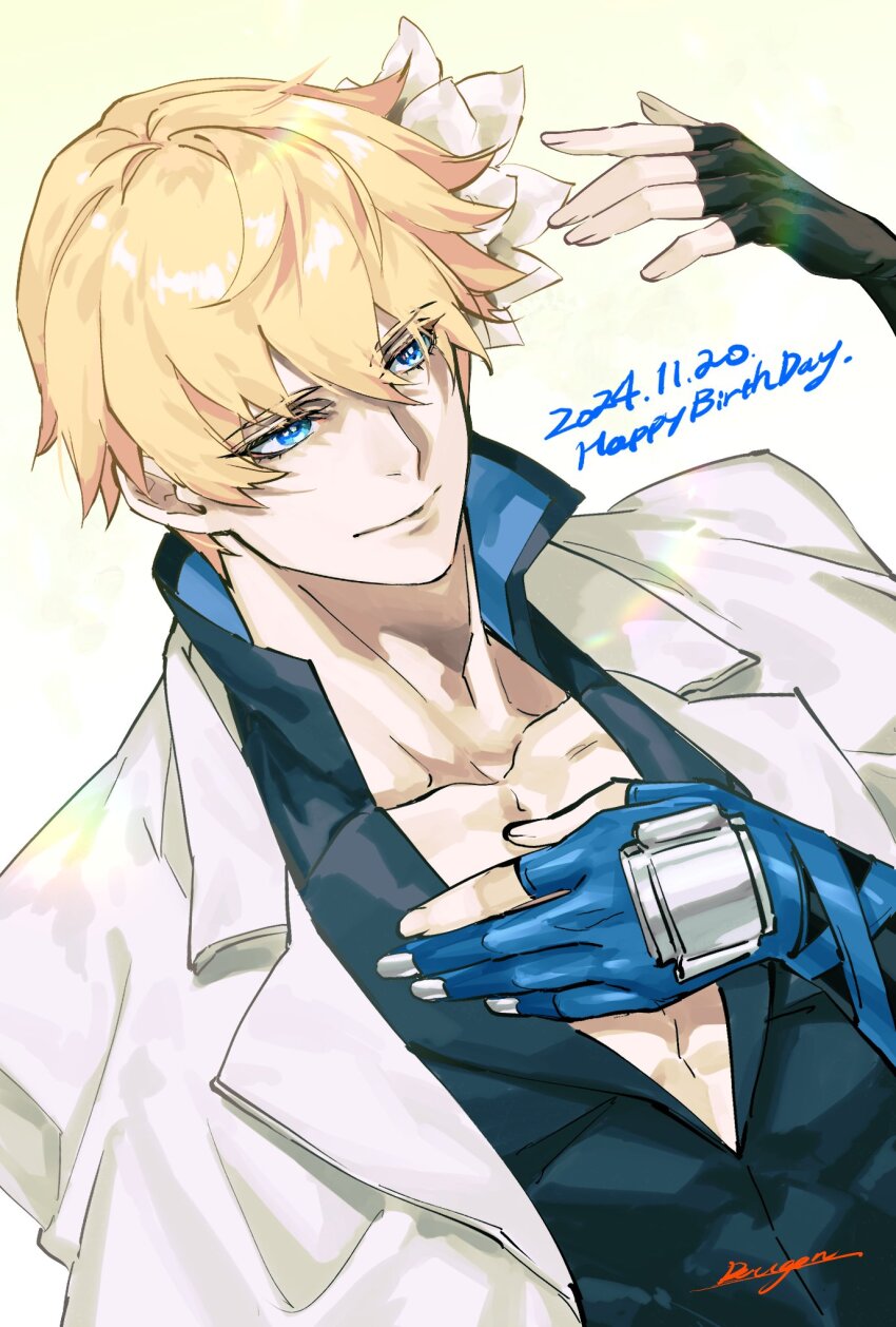 1boy 1girl arm_up black_gloves black_shirt blonde_hair blue_eyes blue_gloves closed_mouth collarbone collared_shirt commentary_request dated dizzy_(guilty_gear) dutch_angle english_text fingerless_gloves flower gloves guilty_gear guilty_gear_strive hair_between_eyes hair_flower hair_ornament hand_on_own_chest happy_birthday high_collar highres jacket kin_mokusei ky_kiske lapels male_focus notched_lapels open_clothes open_jacket out_of_frame popped_collar shirt signature smile solo_focus upper_body white_background white_flower white_jacket