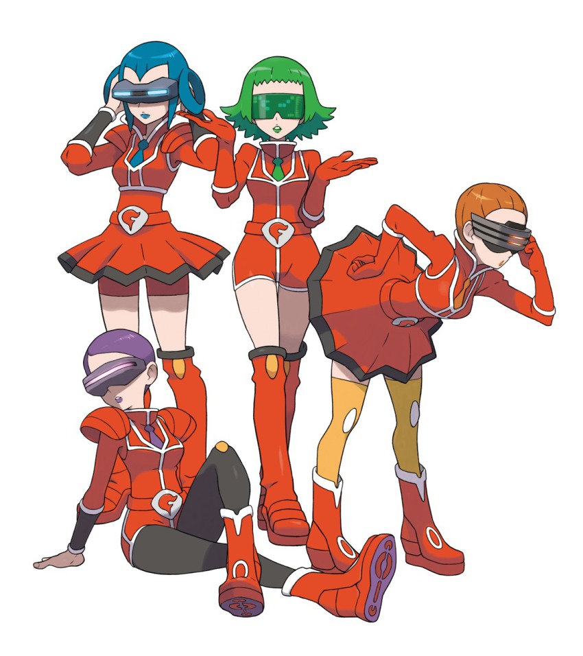 10s 4girls aliana_(pokemon) annotated arm_support armor belt belt_buckle bent_over bike_shorts black_legwear blue-tinted_eyewear blue_hair blue_lips boots brown_hair brown_lips bryony_(pokemon) buckle celosia_(pokemon) crossed_legs dress flipped_hair gloves glowing green-tinted_eyewear green_hair green_lips hair_rings hand_on_own_hip head-mounted_display highres knee_boots knees legs leotard lipstick long_sleeves looking_afar looking_at_viewer mable_(pokemon) makeup miniskirt multiple_girls necktie nintendo official_art pantyhose parted_lips pauldrons platform_footwear pleated_dress pokemon pokemon_xy purple-tinted_eyewear purple_hair purple_lips red-tinted_eyewear red_gloves red_legwear short_dress short_hair shorts shorts_under_skirt shoulder_armor simple_background sitting skirt standing sugimori_ken team_flare thigh_boots thigh_gap thighhighs tinted_eyewear uniform vambraces visor white_background yellow_legwear zettai_ryouiki