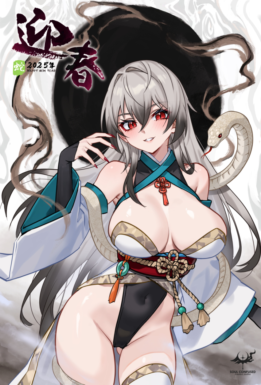 1girl 2025 bare_shoulders black_hair blush breasts chinese_zodiac cleavage covered_navel cowboy_shot detached_sleeves fingernails gluteal_fold gradient_hair grey_hair groin happy_new_year highleg highleg_leotard highres large_breasts leotard long_fingernails long_hair long_sleeves looking_at_viewer multicolored_hair nail_polish new_year obi original parted_lips red_eyes red_nails sash snake solo standing strapless strapless_leotard tassel thighhighs very_long_hair white_thighhighs wide_sleeves wolksheep year_of_the_snake